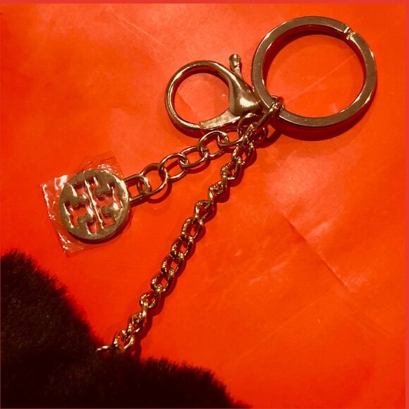 TORY BURCH Double T Classic Logo Metal Gold Keychain w Black Faux Fur Pompom - Picture 2 of 4